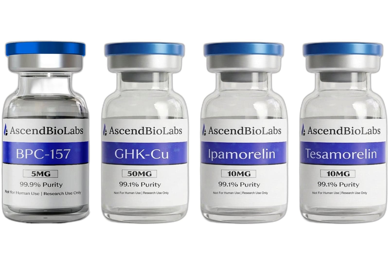 Four AscendBioLabs vials with blue caps and labels.